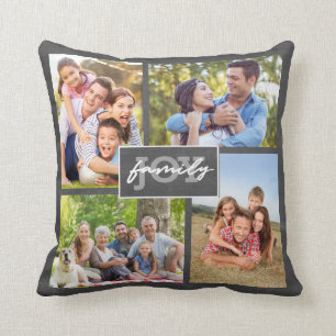 Family Love Joy 13 Photo Chalkboard Script Trendy Throw Pillow