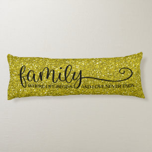 Family Love Never Ends Quote Gold Glitter Black Body Pillow