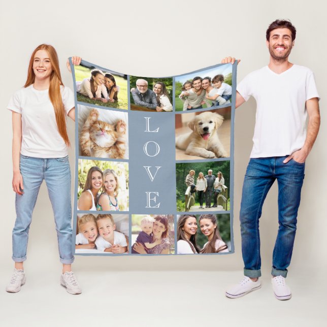 Family Love  Photo Collage Dusty Blue Fleece Blanket (In Situ)