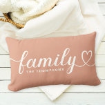 Family Love Script Clay Orange Custom Monogram Lumbar Pillow<br><div class="desc">Modern and stylish custom lumbar throw pillow design features simple and minimal "Family" typography that includes flourish and heart details. Personalize the uppercase text below with a monogram or year established. The white and muted clay orange colours can be modified.</div>