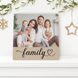 Family Love Script Custom Grey Beige Photo Plaque<br><div class="desc">Custom tabletop home decor features a favourite family photo with minimal white "Family" typography overlay design that includes elegant flourish and heart details. Note,  the neutral grey beige coloured background and white text can be customized. A unique gift idea for your loved ones!</div>