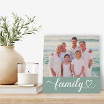 Family Love Script Custom Grey Green Photo Plaque<br><div class="desc">Custom tabletop home decor features a favourite family photo with minimal white "Family" typography overlay design that includes elegant flourish and heart details. Note,  the grey green coloured background and white text can be customized. A unique gift idea for your loved ones!</div>