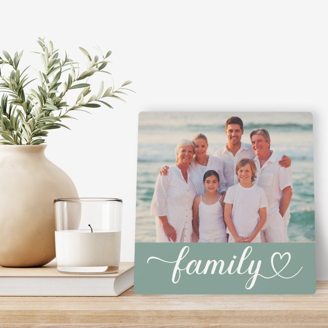 Family Love Script Custom Grey Green Photo Plaque (Creator Uploaded)