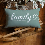Family Love Script Grey Green Custom Monogram Lumbar Pillow<br><div class="desc">Modern and stylish custom lumbar throw pillow design features simple and minimal "Family" typography that includes flourish and heart details. Personalize the uppercase text below with a monogram or year established. The white and grey green colours can be modified.</div>