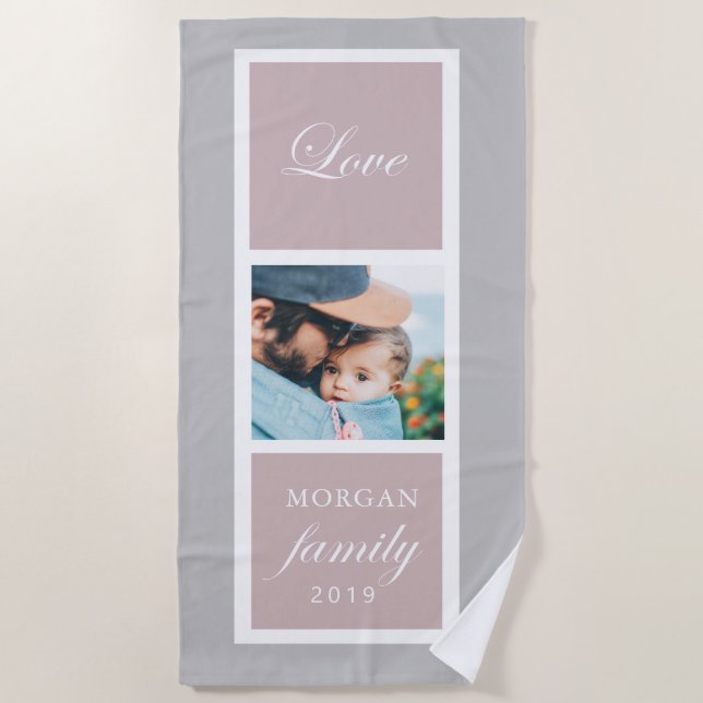 Family love script photo monogram beach towel (Front)