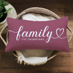 Family Love Script Rose Wine Custom Monogram Lumbar Pillow<br><div class="desc">Modern and stylish custom lumbar throw pillow design features simple and minimal "Family" typography that includes flourish and heart details. Personalize the uppercase text below with a monogram or year established. The white and rose wine colours can be modified.</div>