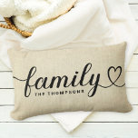 Family Love Script Rustic Linen Custom Monogram Lumbar Pillow<br><div class="desc">Modern and stylish custom lumbar throw pillow design features simple and minimal black "Family" typography that includes flourish and heart details. Personalize the uppercase text below with a monogram or year established. A rustic linen background adds vintage appeal that complements farmhouse style home decor.</div>