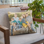 Family Love White Script Custom Photo Throw Pillow<br><div class="desc">Modern and stylish custom throw pillow features a favourite photo(s) with a minimal white "family" typography overlay design that includes elegant flourish and heart details. The white text colour can be modified. 2 photo front / back design allows you to include a photo on front and back or two different...</div>