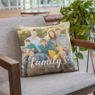 Family Love White Script Custom Photo Throw Pillow