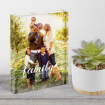 Family Love White Script Vertical Photo Block<br><div class="desc">A gorgeous vertical acrylic photo block featuring "Family" in sweeping white calligraphy script with a heart flourish, layered over a single custom photo. The tall portrait format beautifully showcases a favorite family image with an elegant script accent. The photo is fully customizable. Printed on 1-inch thick Grade A acrylic, this...</div>