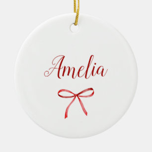 Family matching red ribbon ceramic ornament