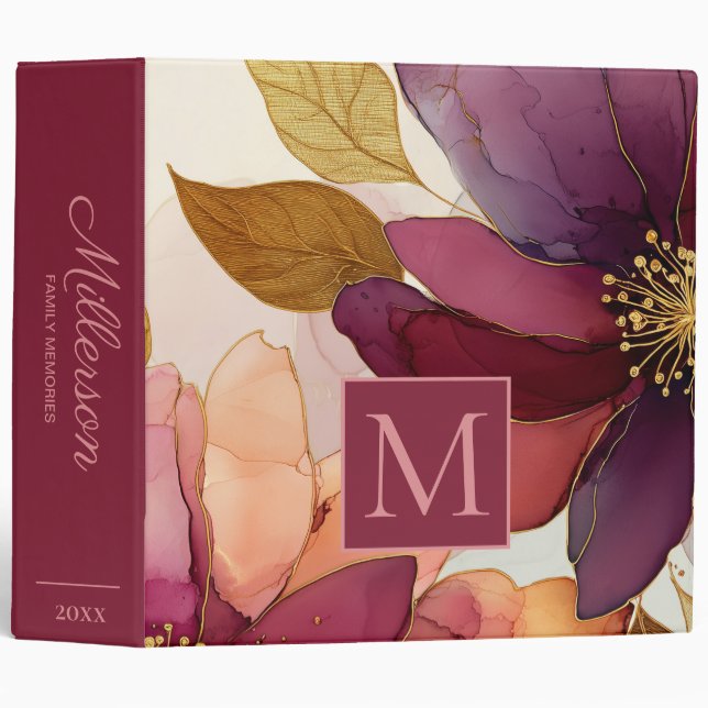 Family Memories Scrapbook Burgundy Gold Floral Binder (Front/Spine)