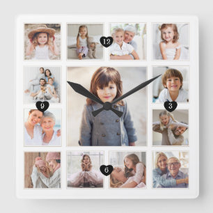 Family Memory Photo Grid Collage & Hearts Keepsake Square Wall Clock