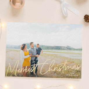 Family Merriest Christmas Gold Yellow Foil Photo Holiday Card