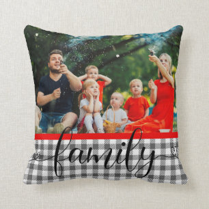 Family Modern Script Photo Plaid Throw Pillow