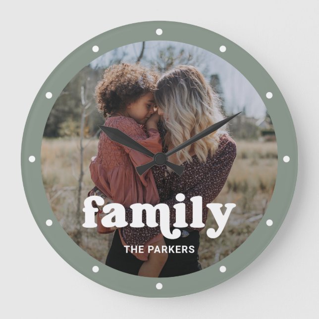 Family | Modern Script with Photo Sage Green Large Clock (Front)