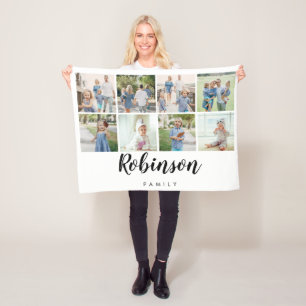 Family Monogram 8 Photo Collage White Fleece Blanket