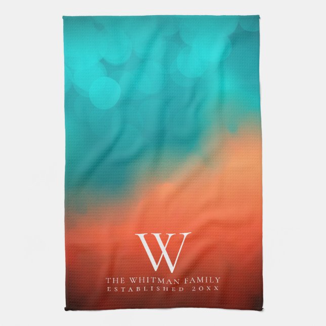 Family Monogram Abstract Art Teal Orange Kitchen Towel (Vertical)