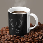 Family monogram and name personalized elegant Two-Tone coffee mug<br><div class="desc">Custom family monogrammed laurels elegant chic black and white coffee mug.         A modern keepsake kitchen decoration or gift for weddings,  newlyweds,  anniversaries,  housewarmings,  new home,  Thanksgiving,  Christmas,  or any other occasion.</div>