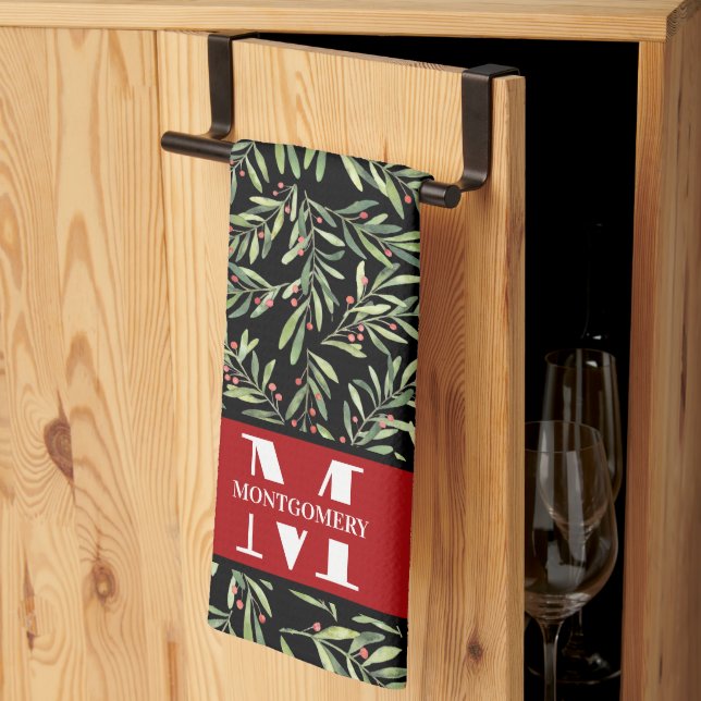 Family Monogram Christmas Holly Kitchen Towel (Thirds Fold)