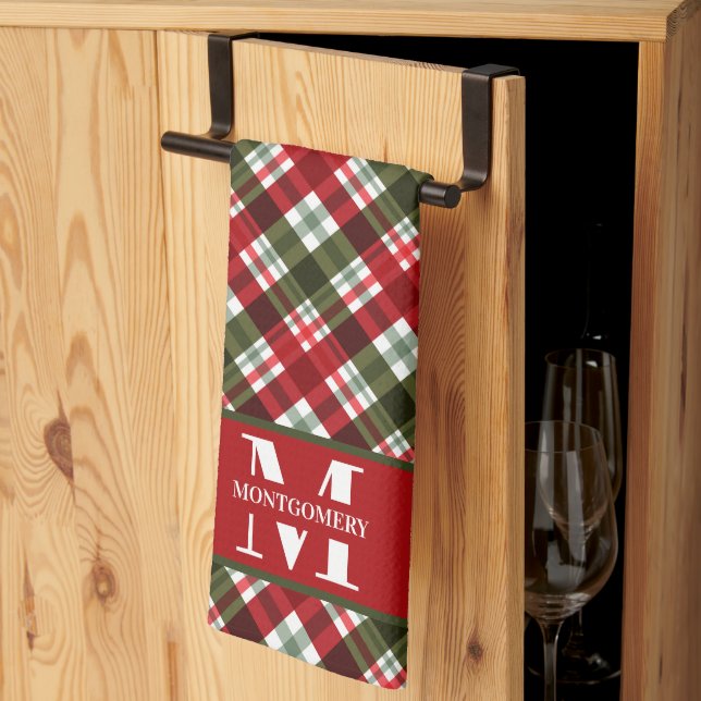 Family Monogram Christmas Plaid Kitchen Towel (Thirds Fold)