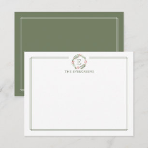 Family Monogram Christmas Wreath Green Stationery Card