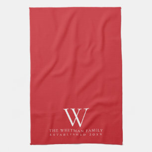 Family Monogram Elegant Flame Scarlet Red Kitchen Towel