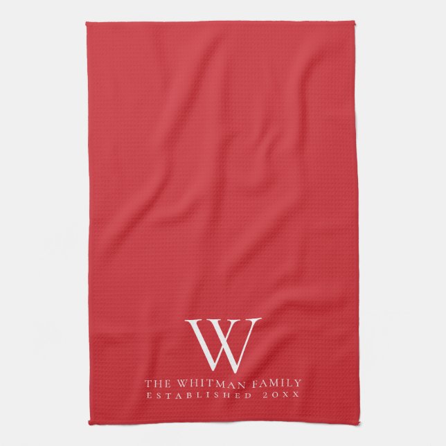 Family Monogram Elegant Flame Scarlet Red Kitchen Towel (Vertical)