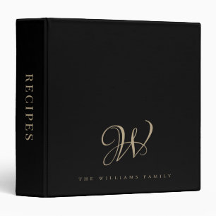Family Monogram Elegant Script Black Gold Recipes  Binder