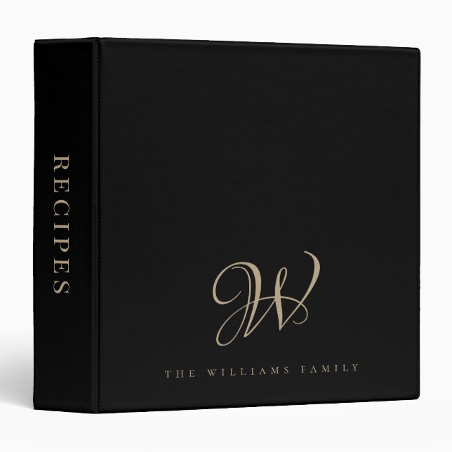 Family Monogram Elegant Script Black Gold Recipes  Binder (Front/Spine)