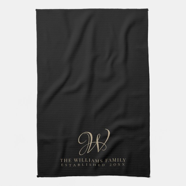 Family Monogram Elegant Script Black Kitchen Towel (Vertical)