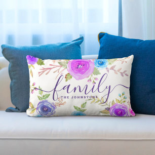 Family monogram floral watercolor purple script lumbar pillow