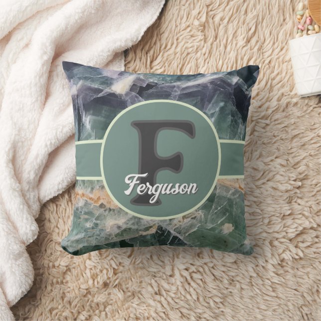 Family Monogram Green Purple Gemstone Initial Throw Pillow (Blanket)