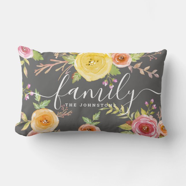 Family monogram grey yellow floral watercolor chic lumbar pillow (Front)
