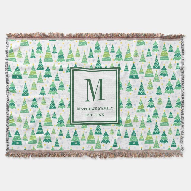 Family Monogram Initial Christmas Tree Pattern Throw Blanket (Front)
