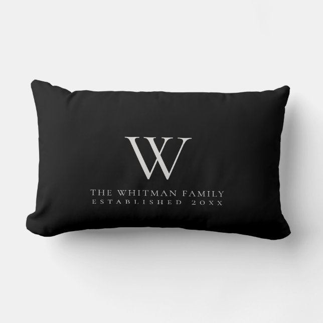 Family Monogram Modern Black Grey Lumbar Pillow (Front)