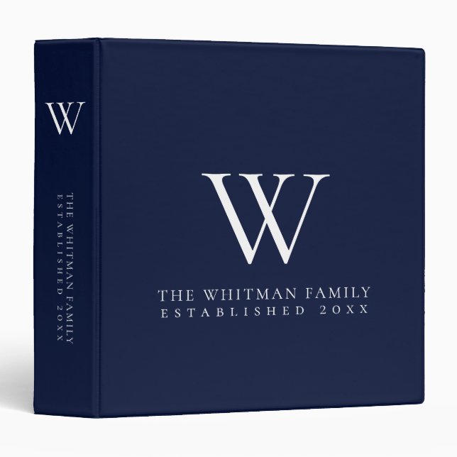 Family Monogram Modern Navy Blue Binder (Front/Spine)