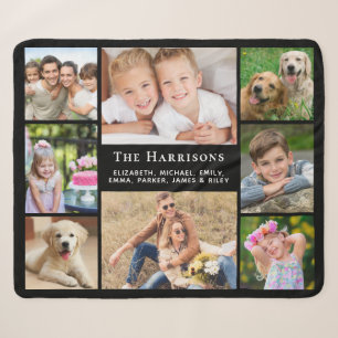 Family Monogram Name 8 Photo Collage Black Sherpa Blanket