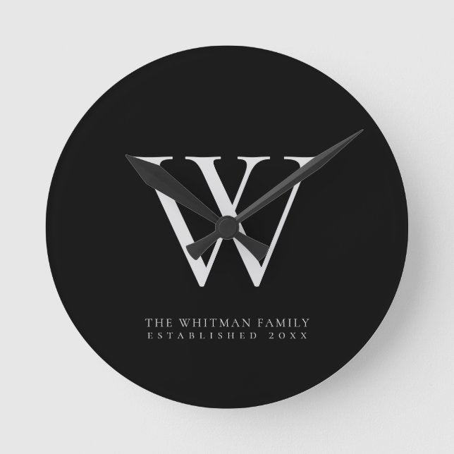 Family Monogram Name Black Round Clock (Front)