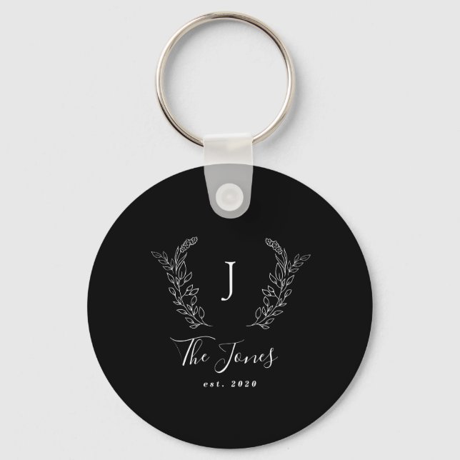 Family monogram name elegant personalized black keychain (Front)