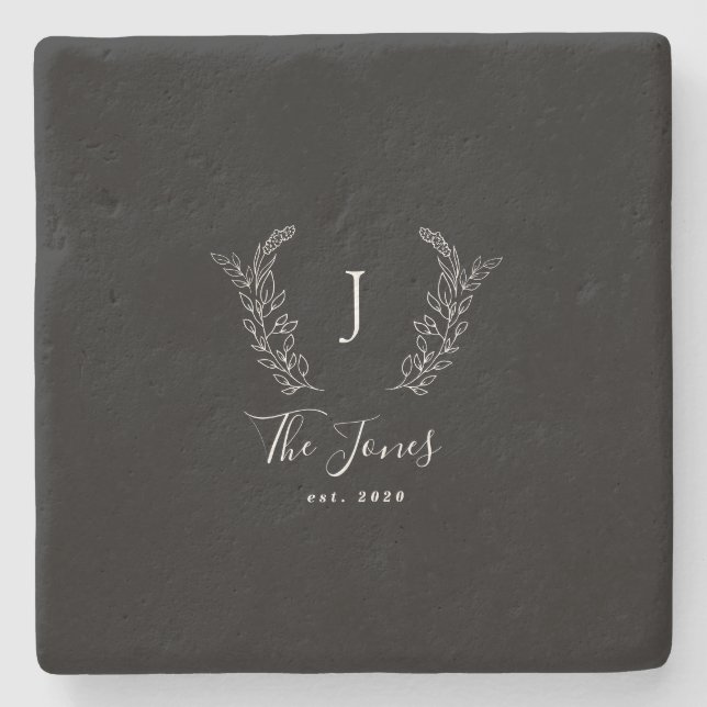 Family monogram name personalized elegant black stone coaster (Front)