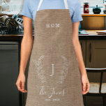 Family monogram name personalized rustic burlap ap apron<br><div class="desc">Custom monogram and name with family established year elegant chic country farmhouse style dark beige jute burlap (PRINTED) apron for mom,  grandma,  aunt,  or other family members. You can replace it with the name.         A modern keepsake gift for weddings,  anniversaries,  housewarmings,  Thanksgiving,  Christmas,  or any other occasion.</div>