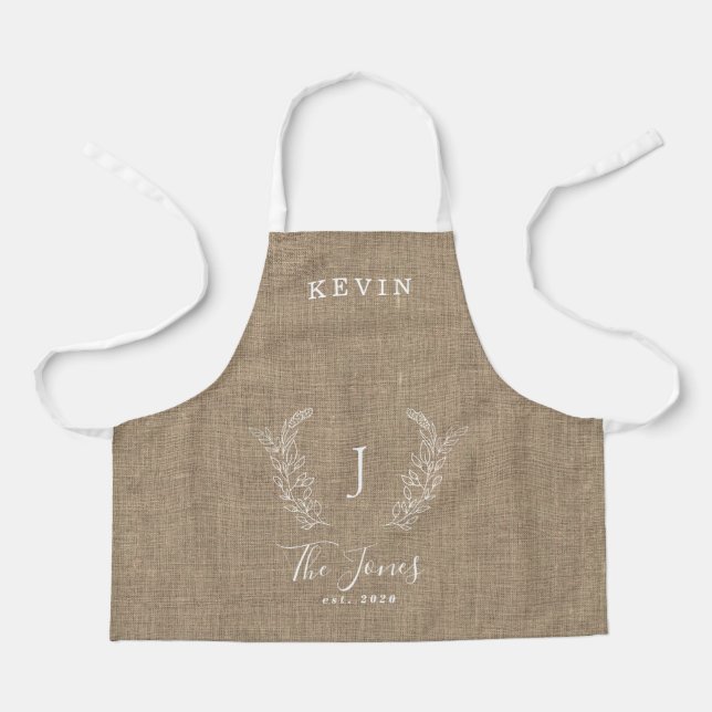 Family monogram name personalized rustic burlap apron (Front)