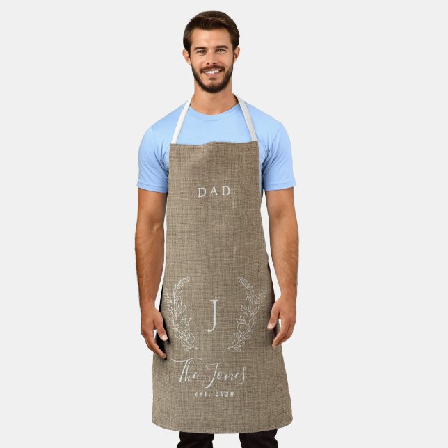 Family monogram name personalized rustic burlap apron (Worn)