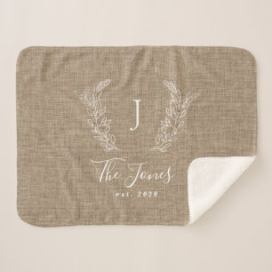 Family monogram name personalized rustic burlap sherpa blanket