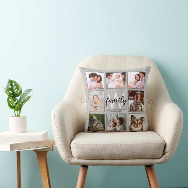 Family Monogram Names Rustic Photo Collage Throw Pillow (Chair)