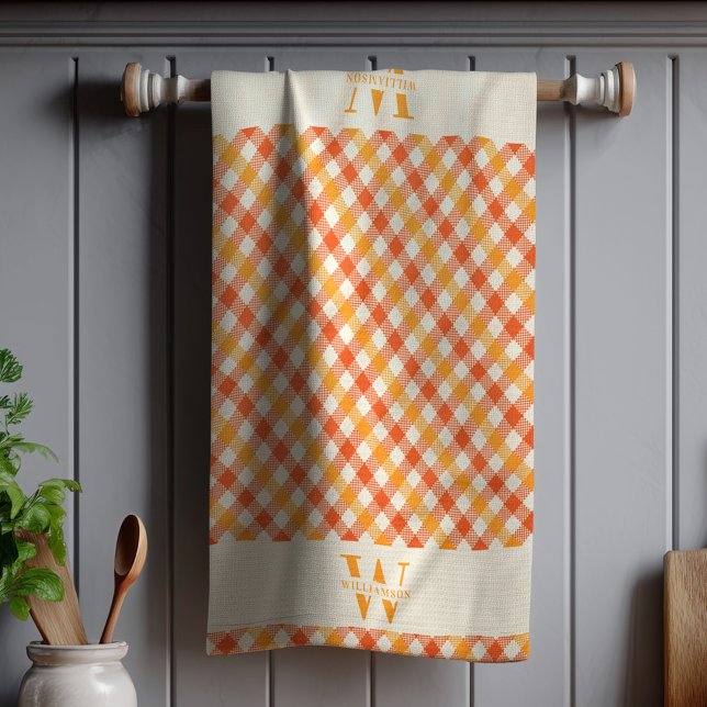 Family Monogram Orange Red Gingham Plaid Farmhouse Kitchen Towel (Creator Uploaded)