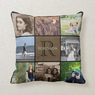 Family Monogram Photo Collage Rustic Burlap Throw Pillow