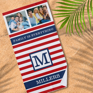 Family Monogram Quote 2 Photo Blue And Red  Stripe Beach Towel
