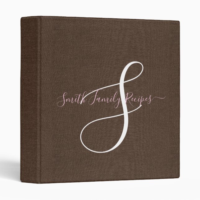 Family Monogram Script Chocolate Brown Faux Linen Binder (Front/Spine)